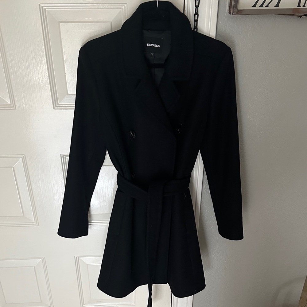 Express Women's Elegant Black Wool Trench Coat • Size S • NWOT
